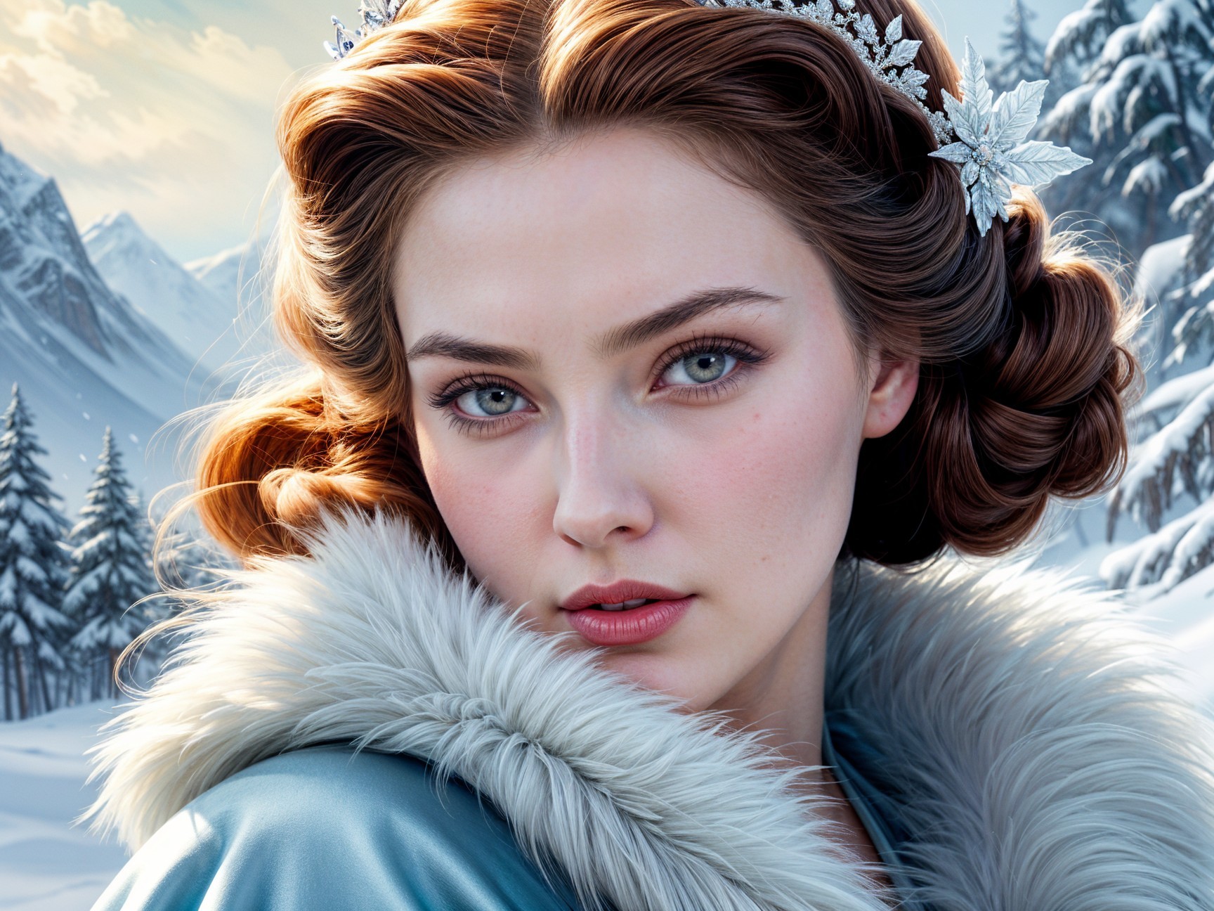 Young woman in blue cloak with silver leaf crown