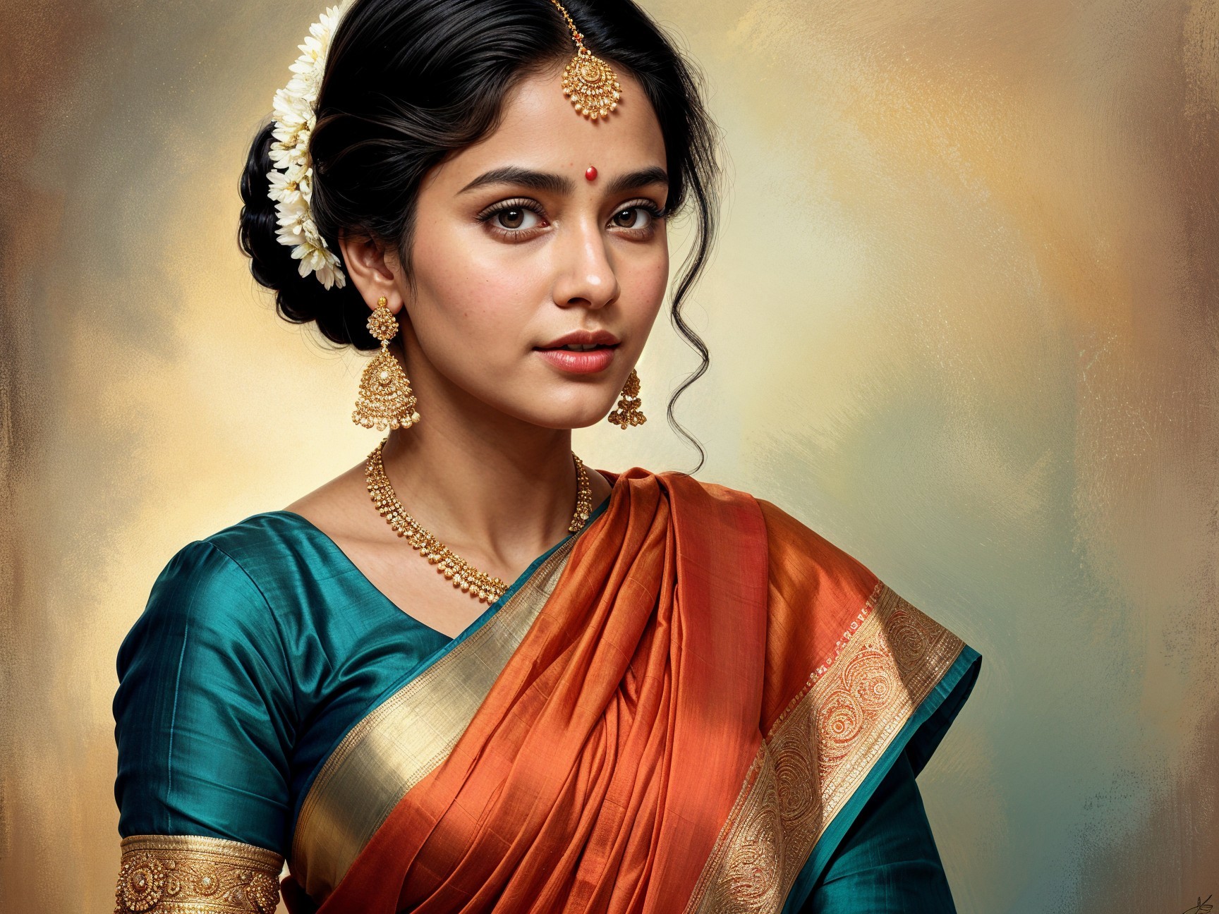 Traditional saree with vibrant colors and jewelry details