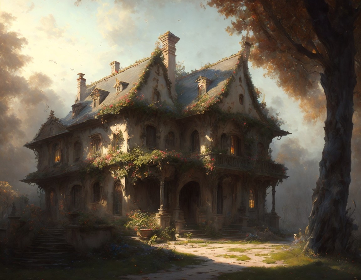 Old Grand Manor Surrounded by Nature and Sunlight