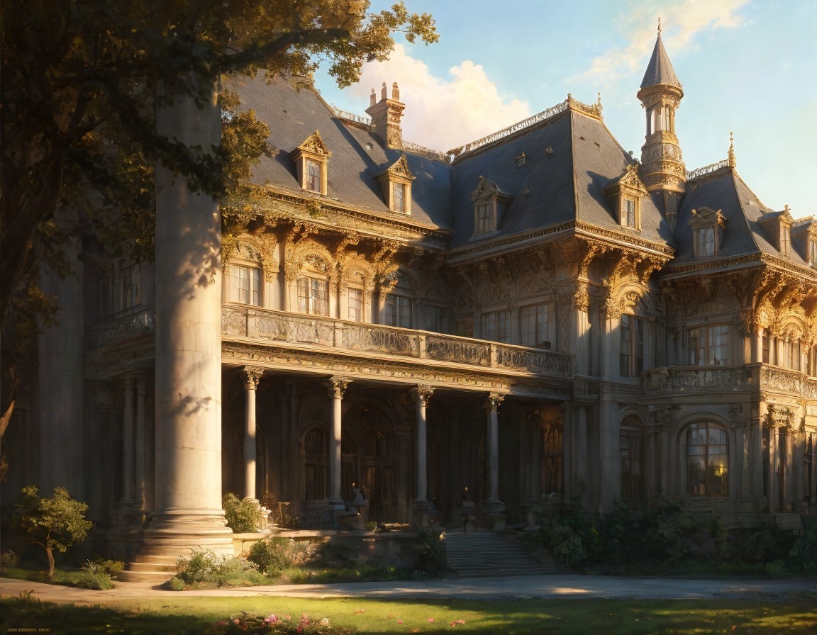 Opulent mansion with intricate architecture and gardens