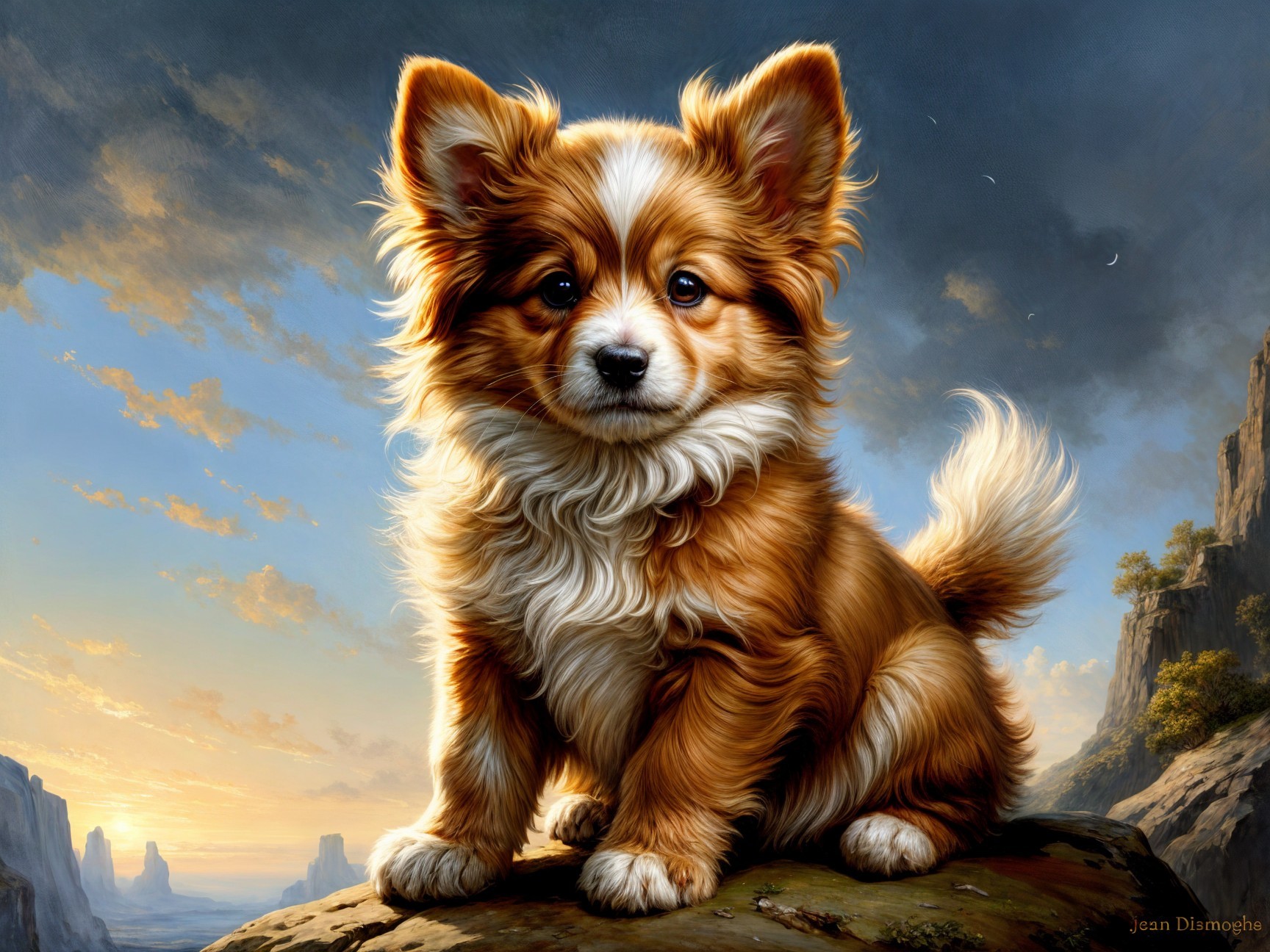 Fluffy Orange and White Puppy on Rocky Ledge at Sunset
