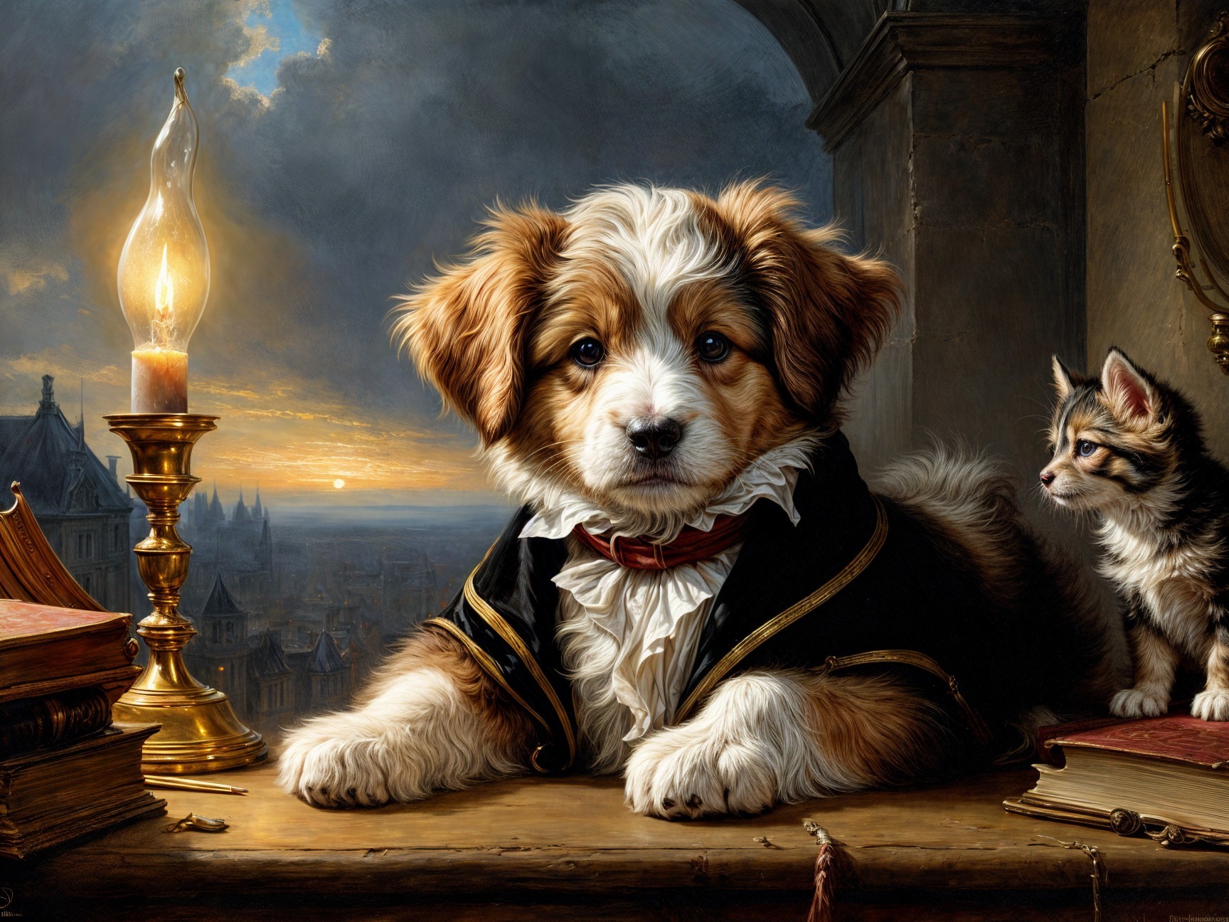 Puppy in Black Coat and Kitten by Vintage Lamp