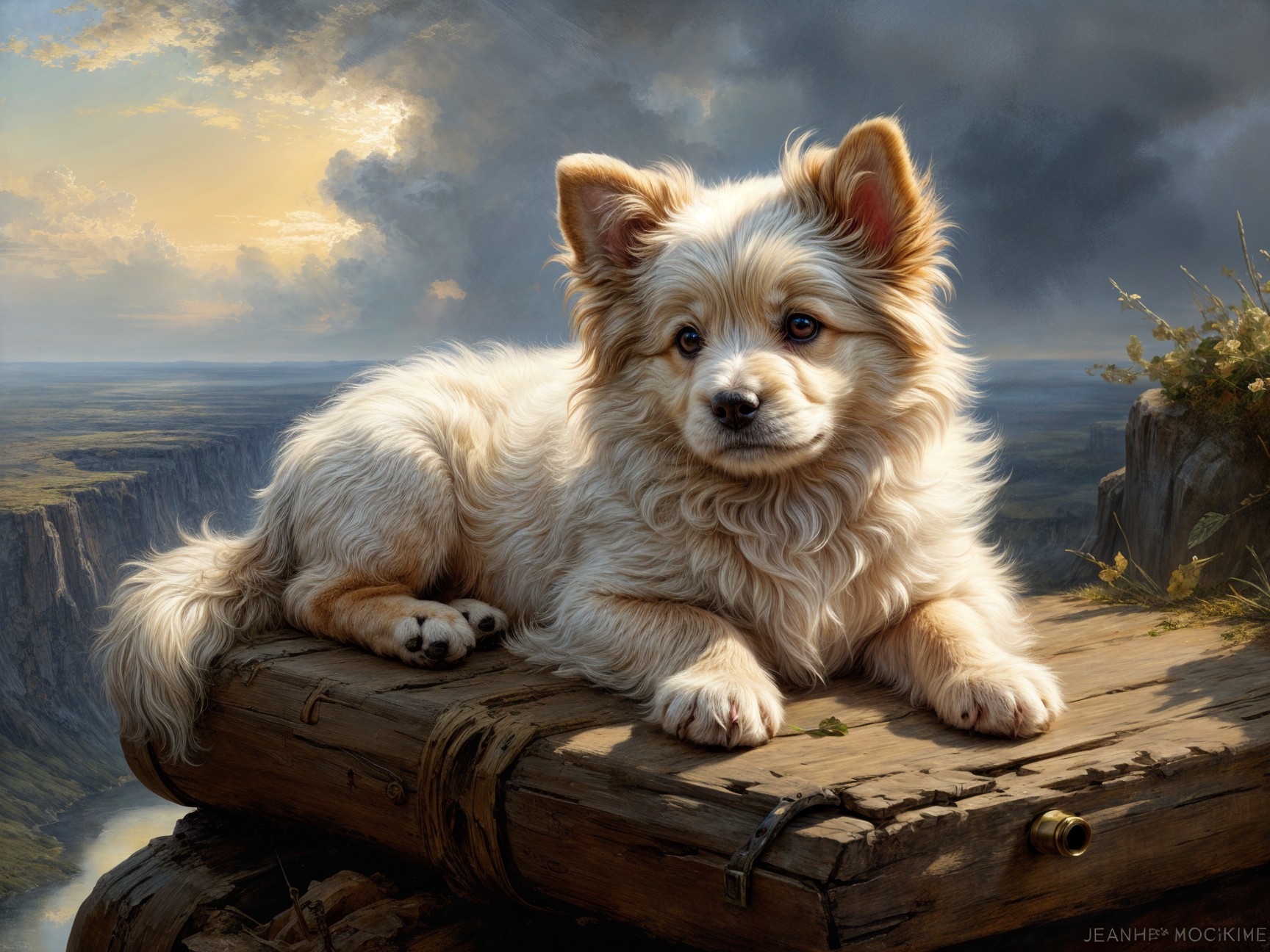 Fluffy golden dog relaxes on wooden ledge by canyon