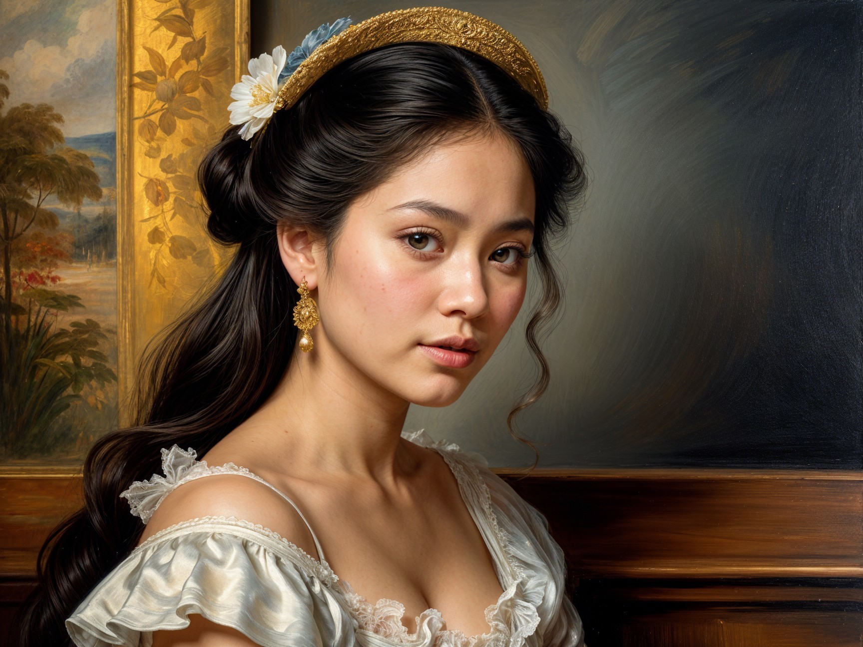 Portrait of a Young Woman in Elegant Dress and Headband
