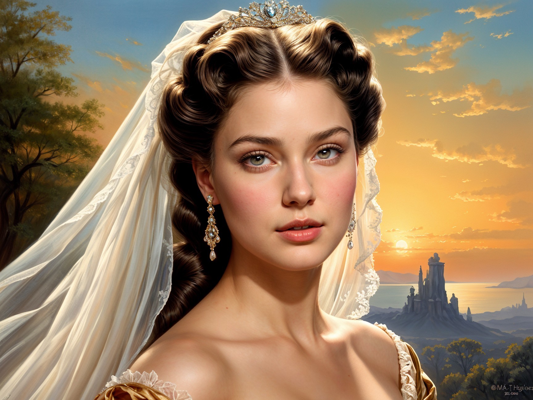 Elegant Woman with Tiara Against Sunset Landscape