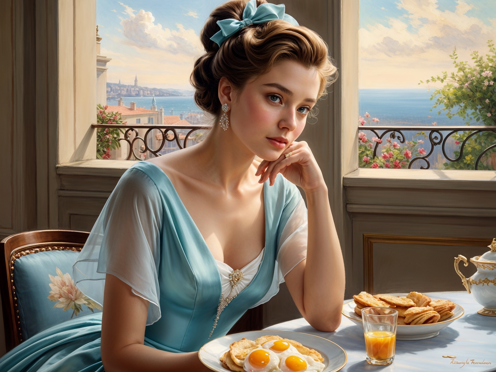 Sophisticated Breakfast Scene with Sea View and Flowers