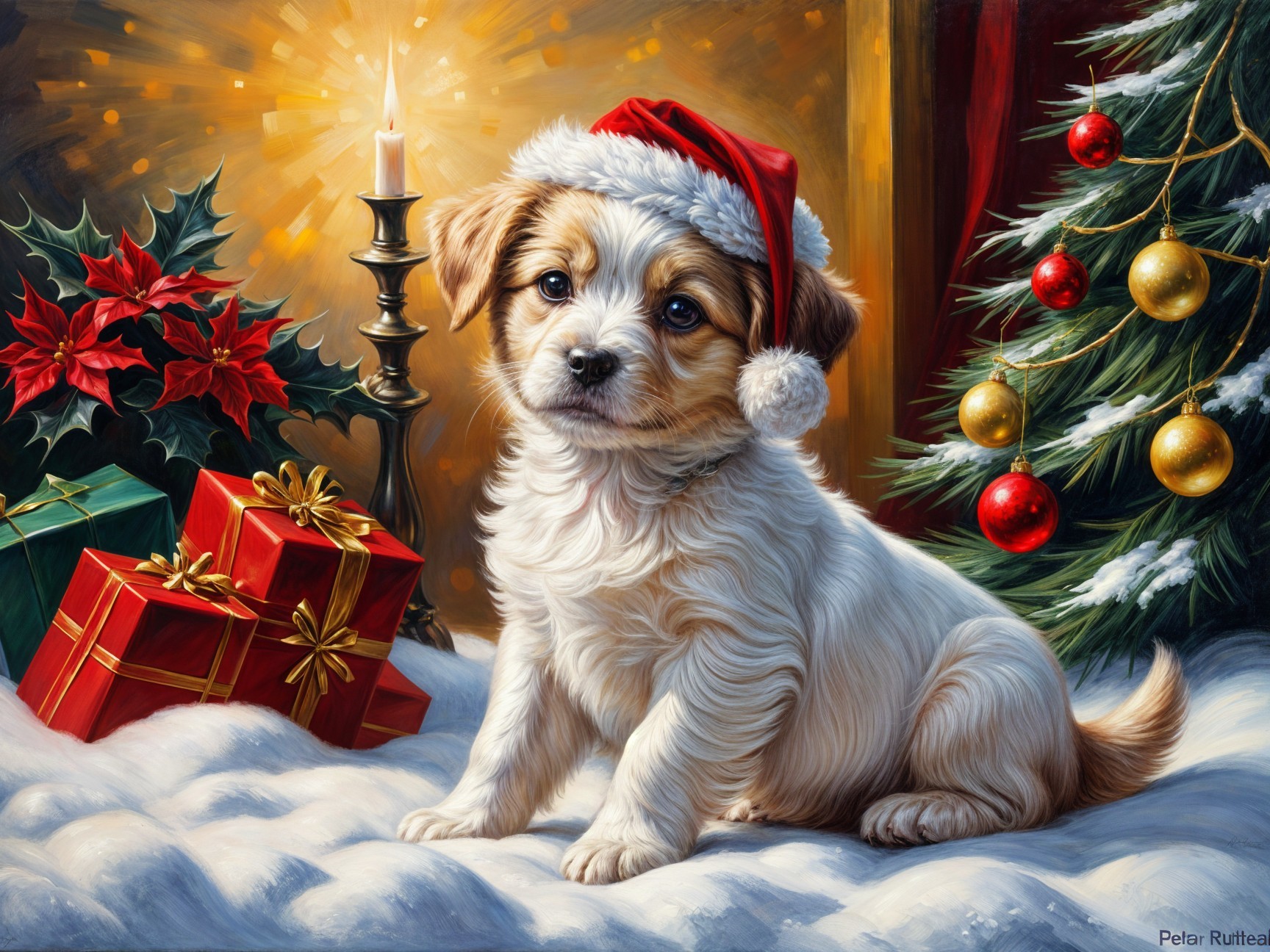Puppy in Santa Hat Surrounded by Holiday Decor
