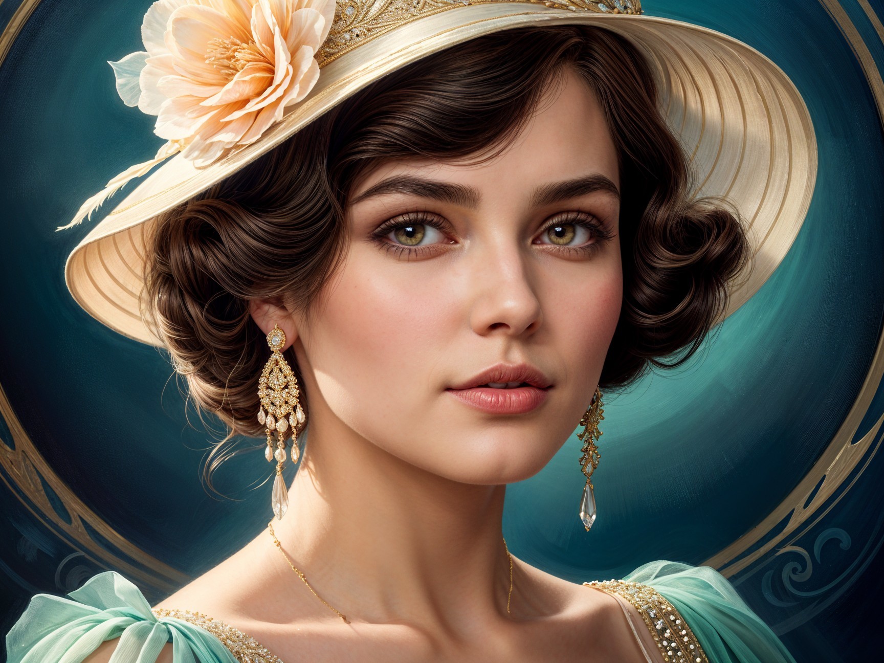 Young woman with flower in hair and elegant dress