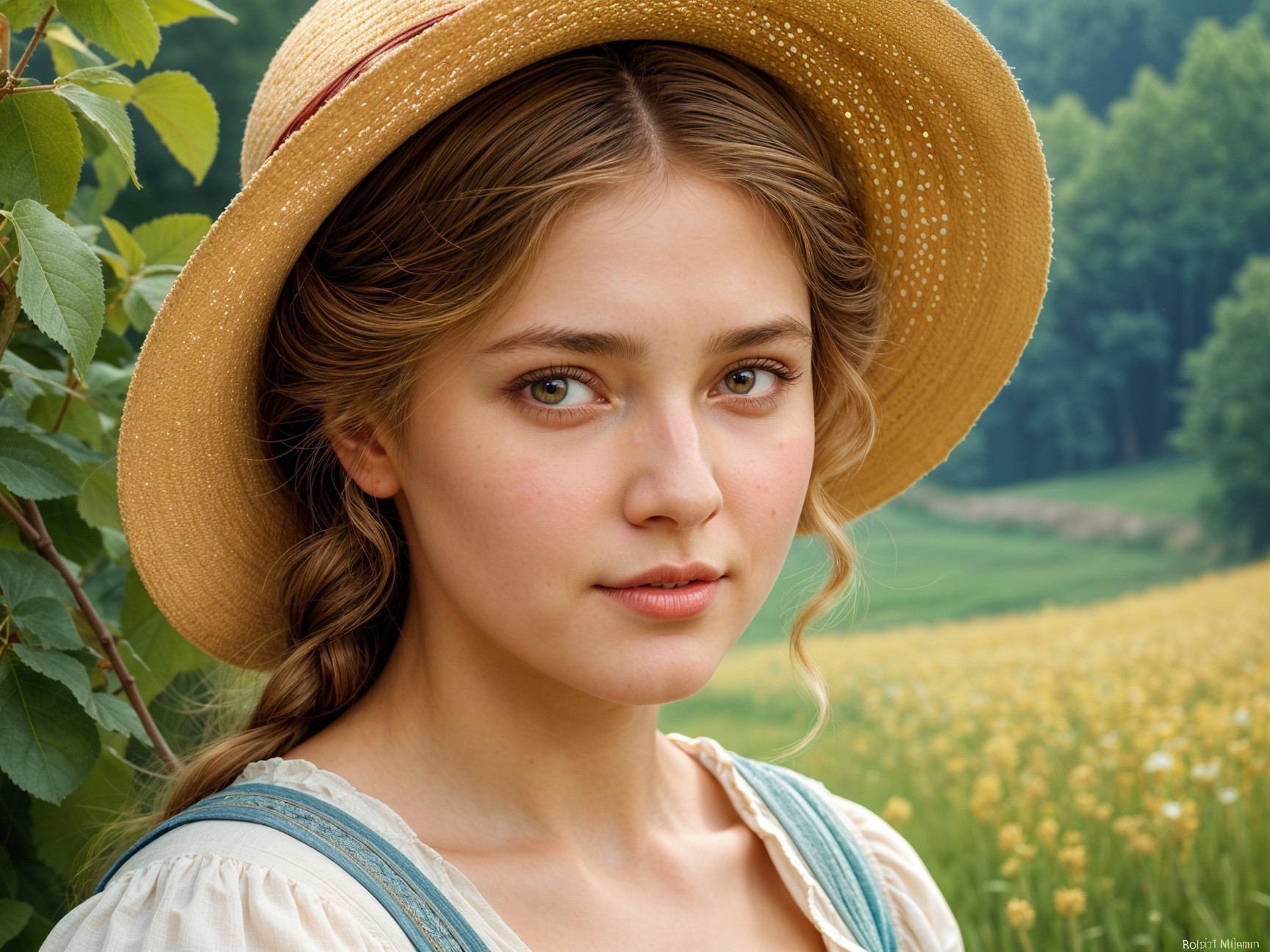Young Woman in Serene Rural Landscape with Straw Hat