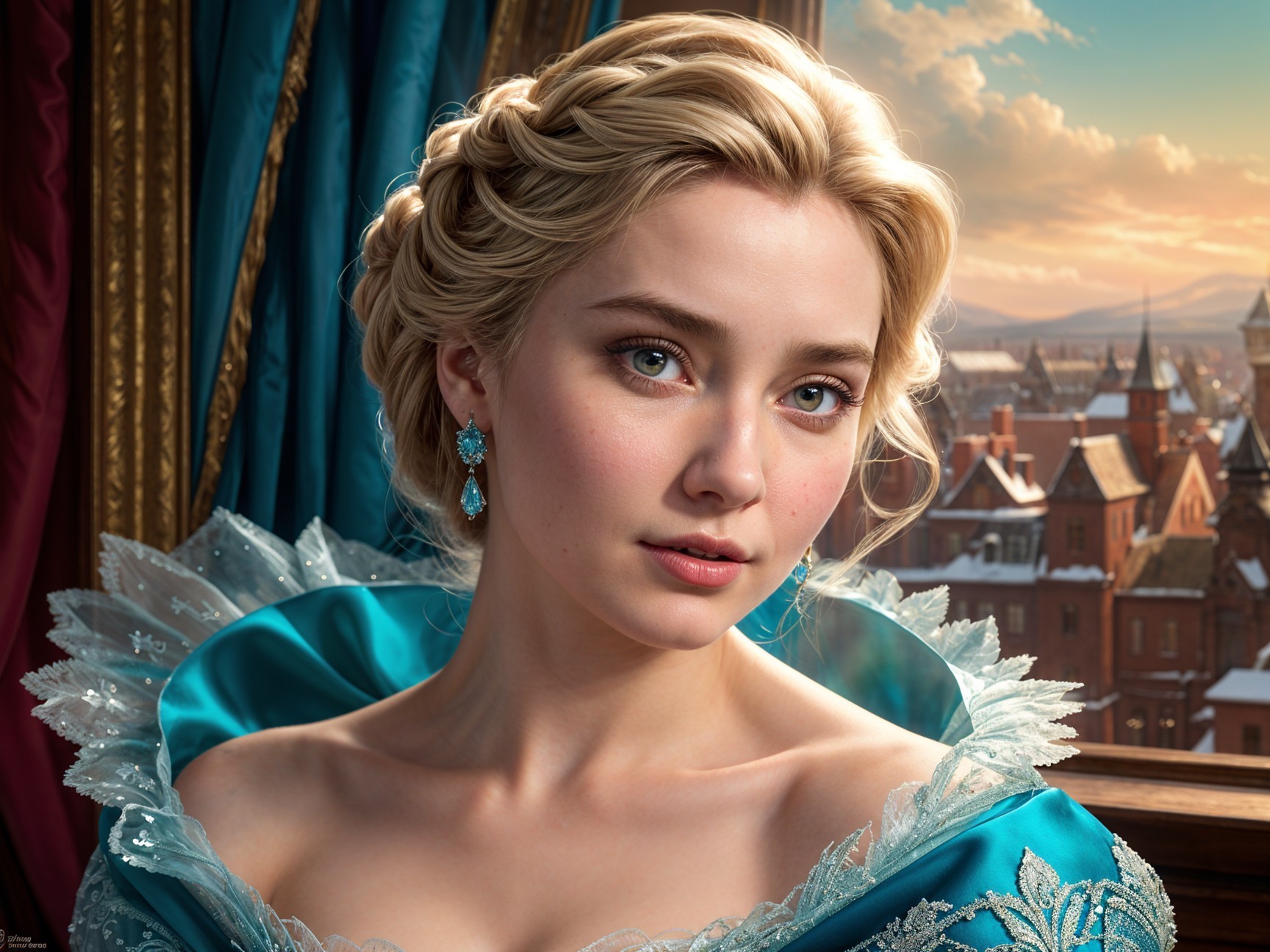 Young Woman in Turquoise Gown in Winter Landscape