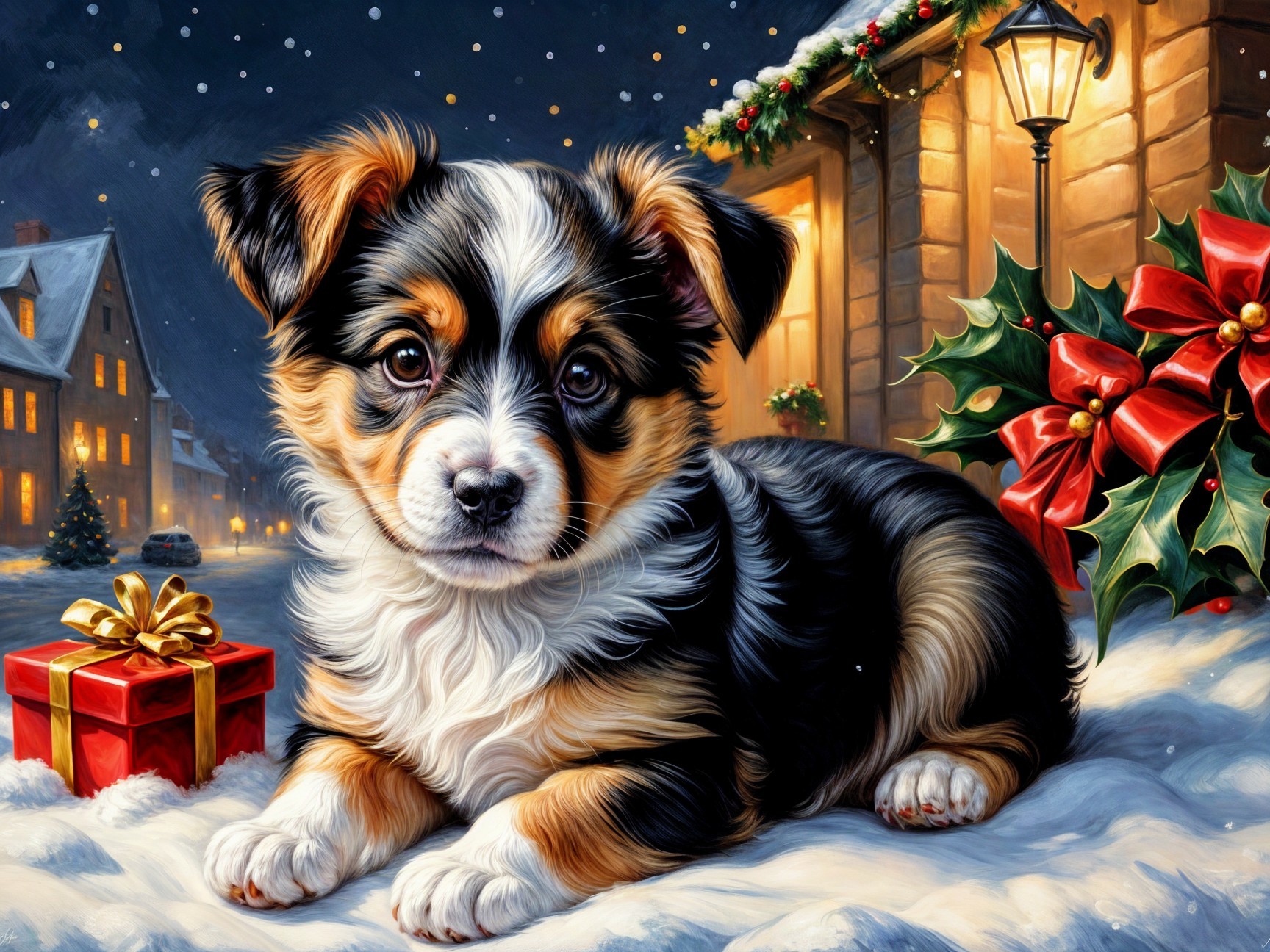 Puppy on Snowy Pathway with Holiday Decorations