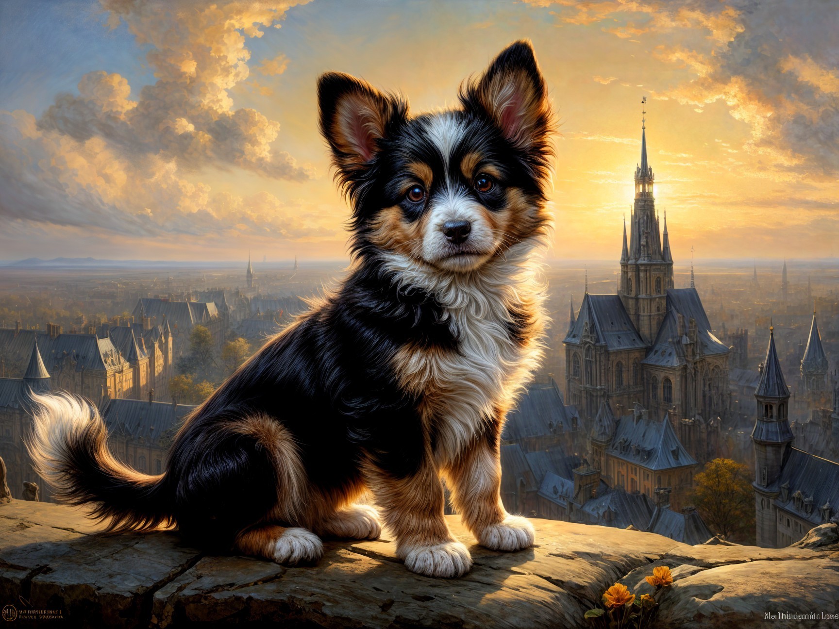 Fluffy Dog on Stone Ledge with City Sunset Background
