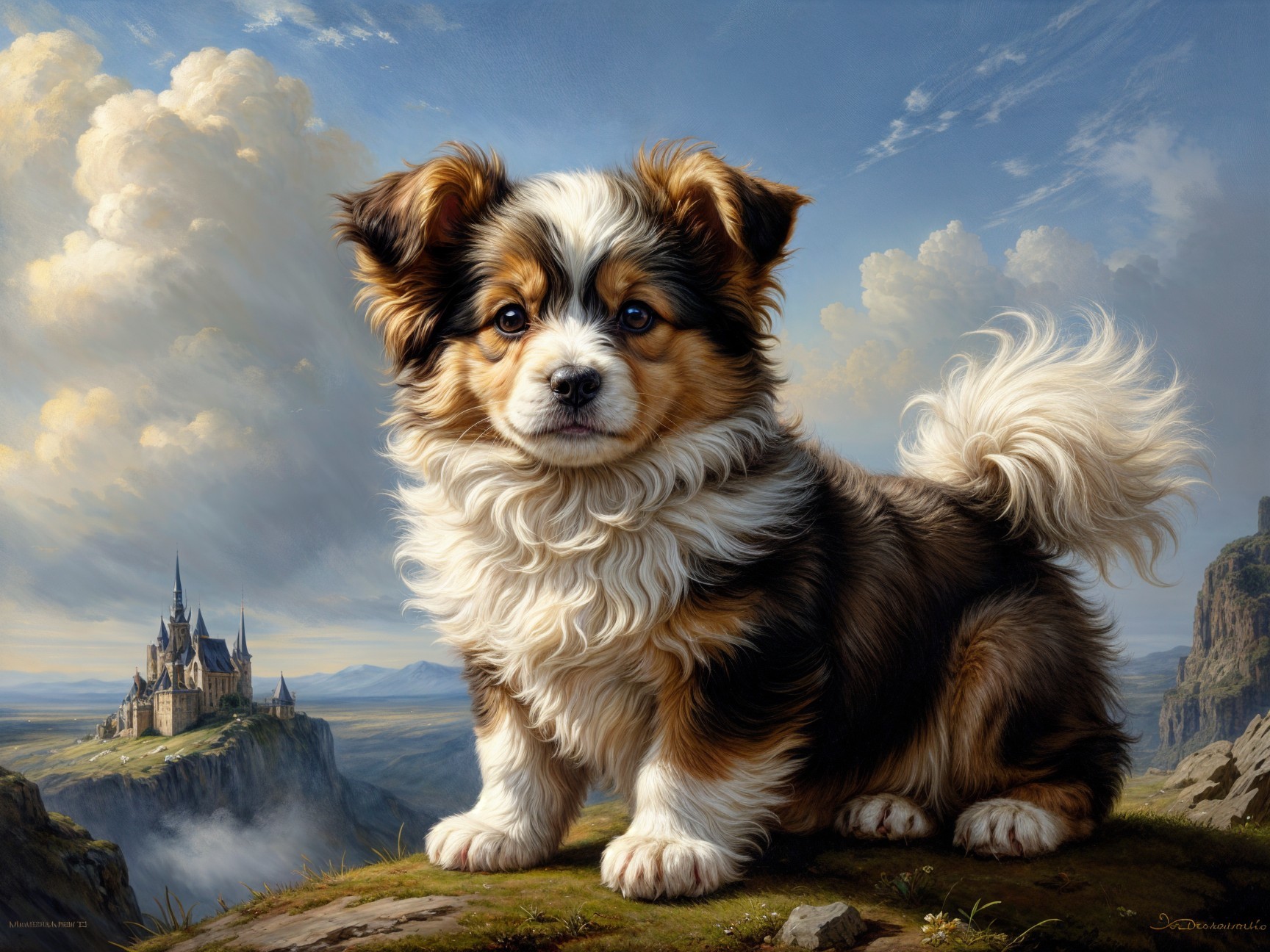Fluffy Brown and White Puppy on Rocky Outcrop Background