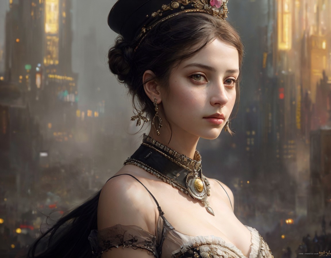 Young Woman in Futuristic Cityscape with Elegant Outfit