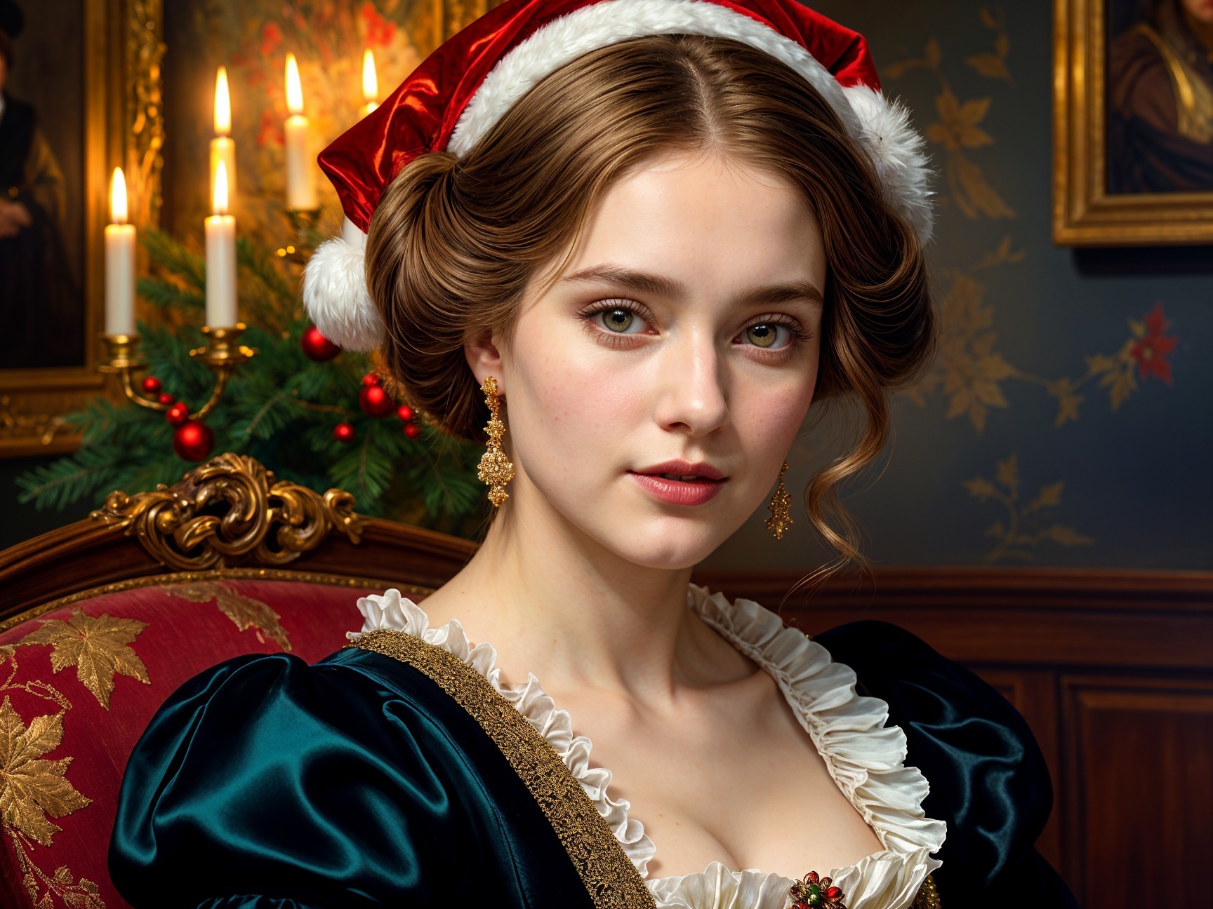 Elegant Woman in Dark Green Gown with Santa Hat