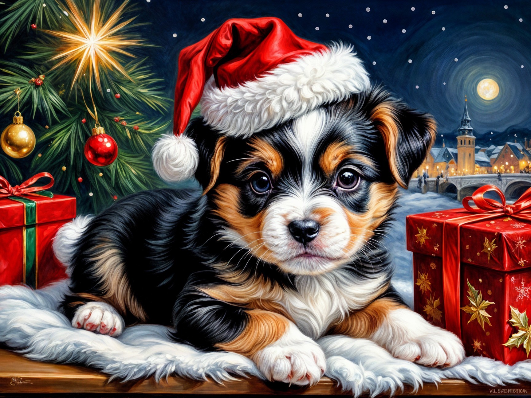 Fluffy Puppy in Santa Hat by Christmas Tree