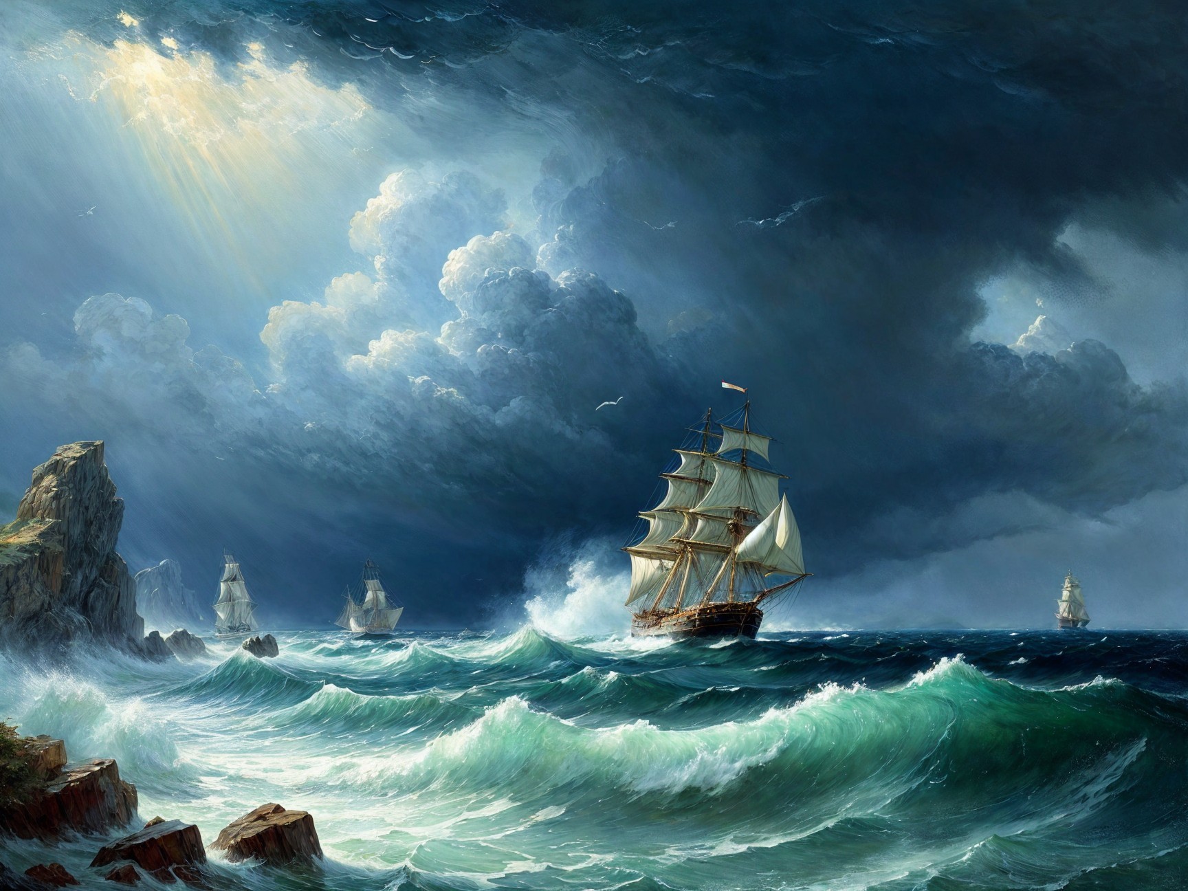 Dramatic Seascape with Sailing Ships and Stormy Sky