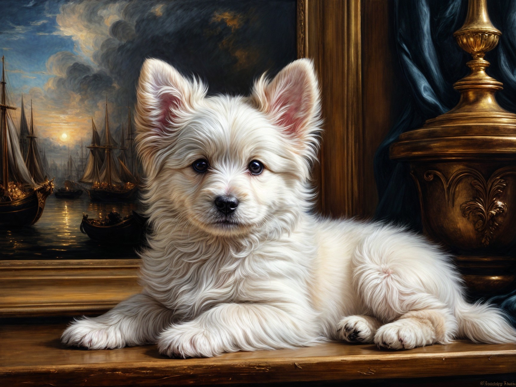 Fluffy White Puppy on Ornate Wooden Surface with Painting