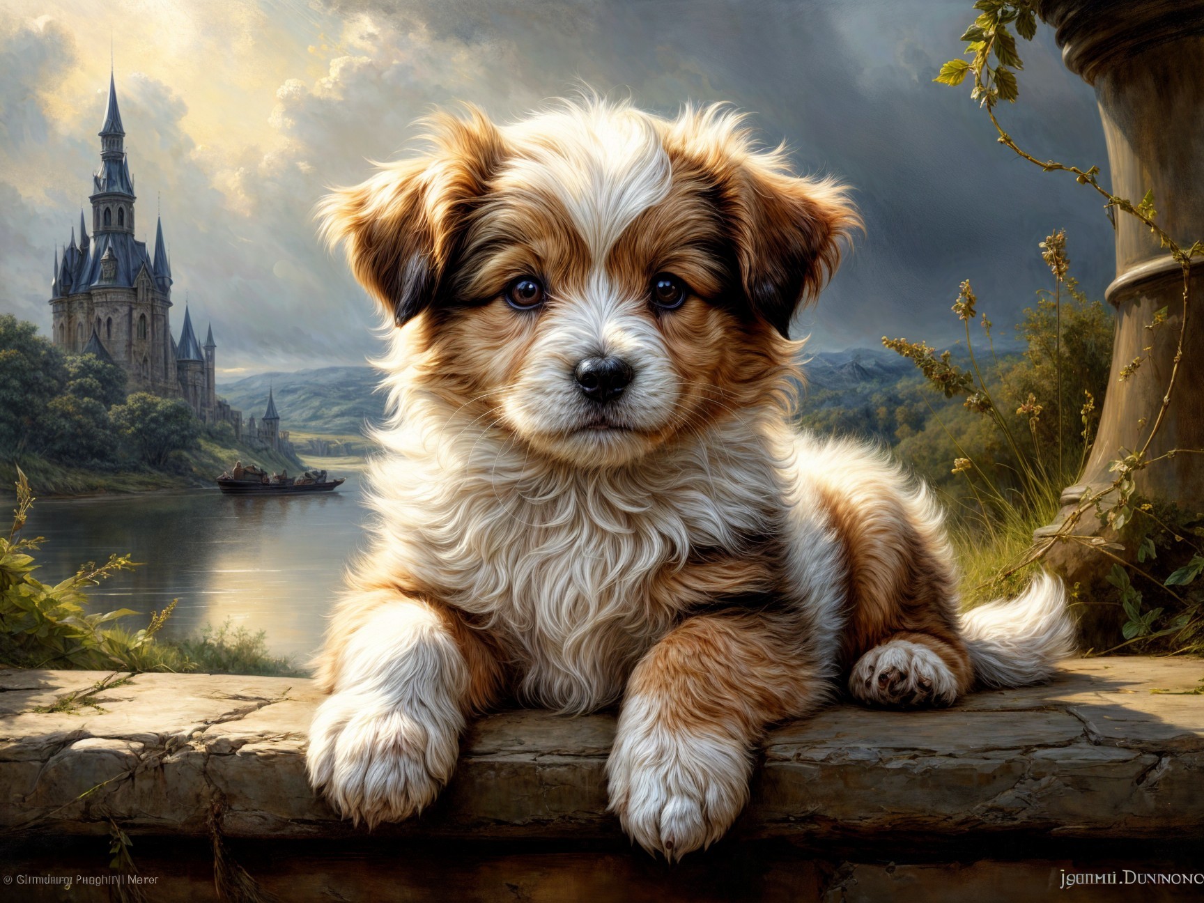 Fluffy Puppy on Stone Ledge with Castle Background