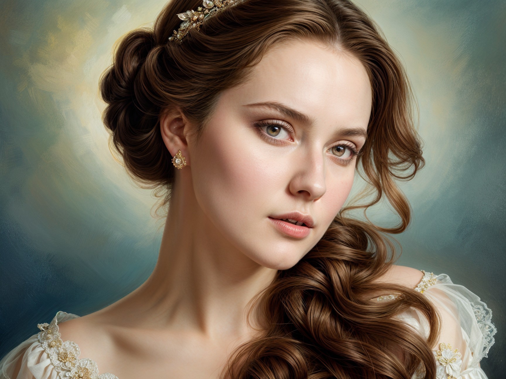 Portrait of a young woman with elegant features and attire