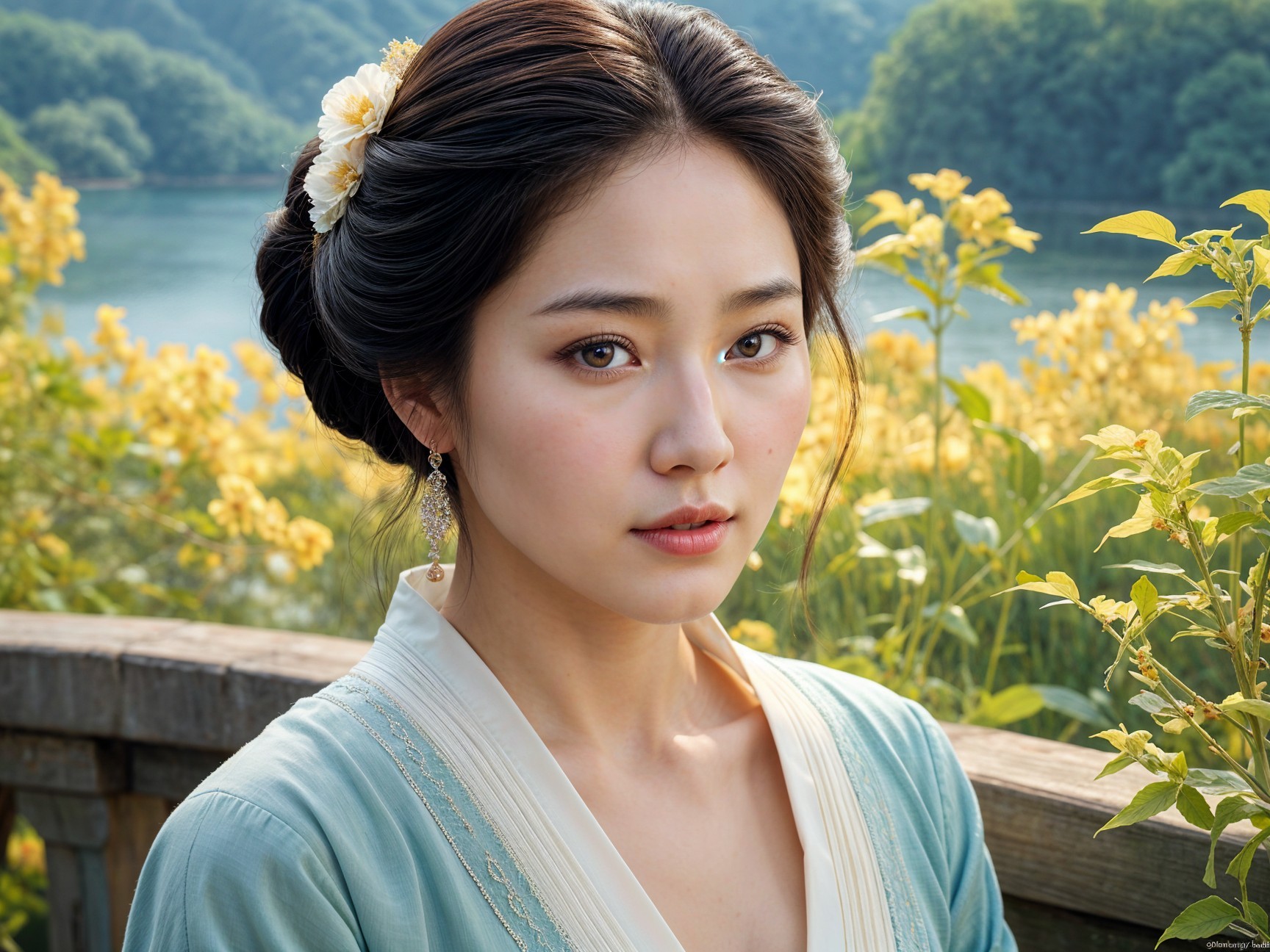 Young Woman in Blue Dress in Flower Field Setting