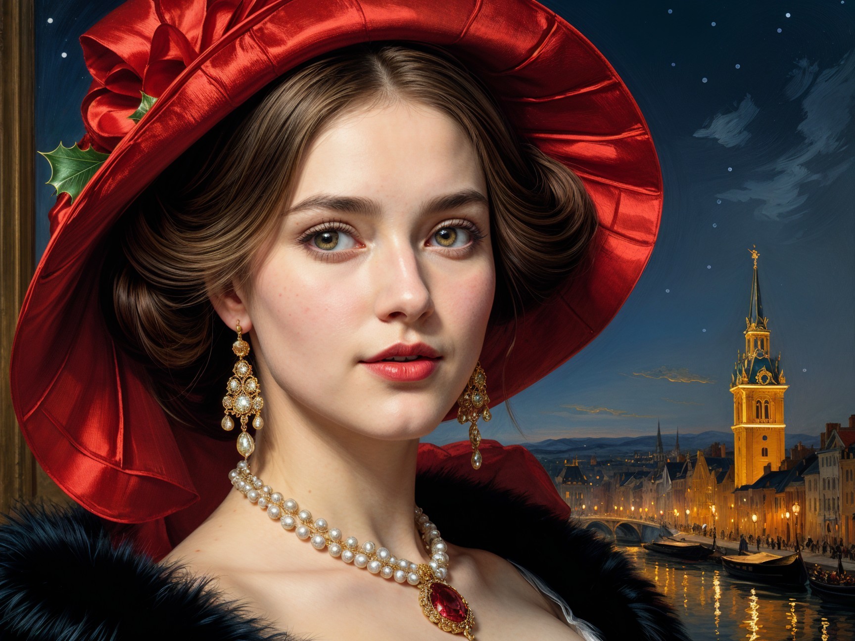Young Woman in Red Hat with Festive Night Scene