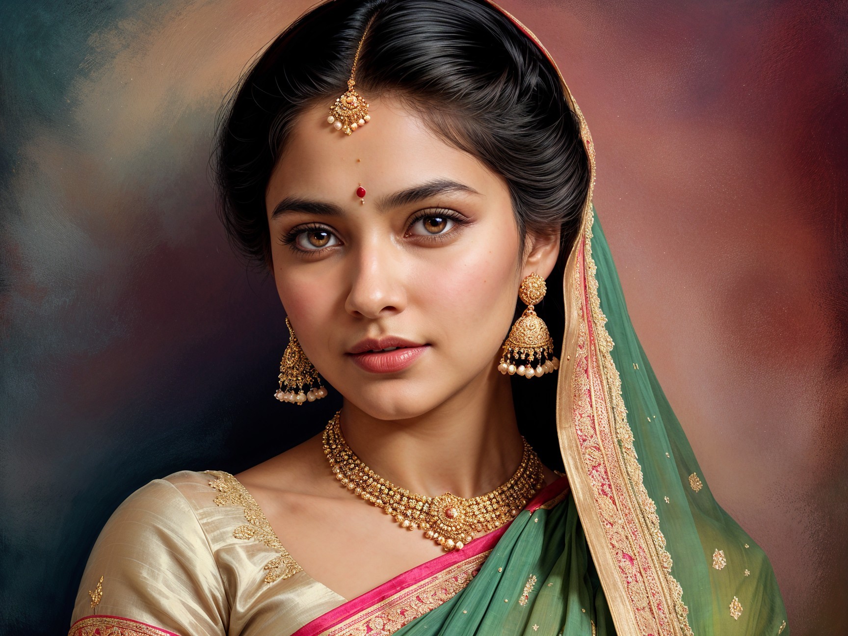 Young woman in traditional green and gold saree with jewelry