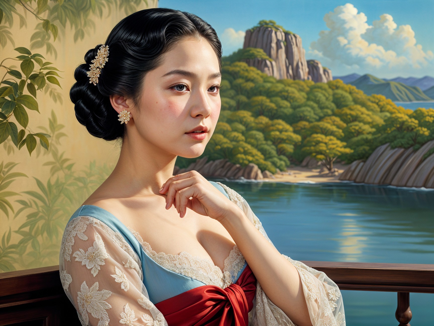 Young Woman in Elegant Attire by Tranquil Lake