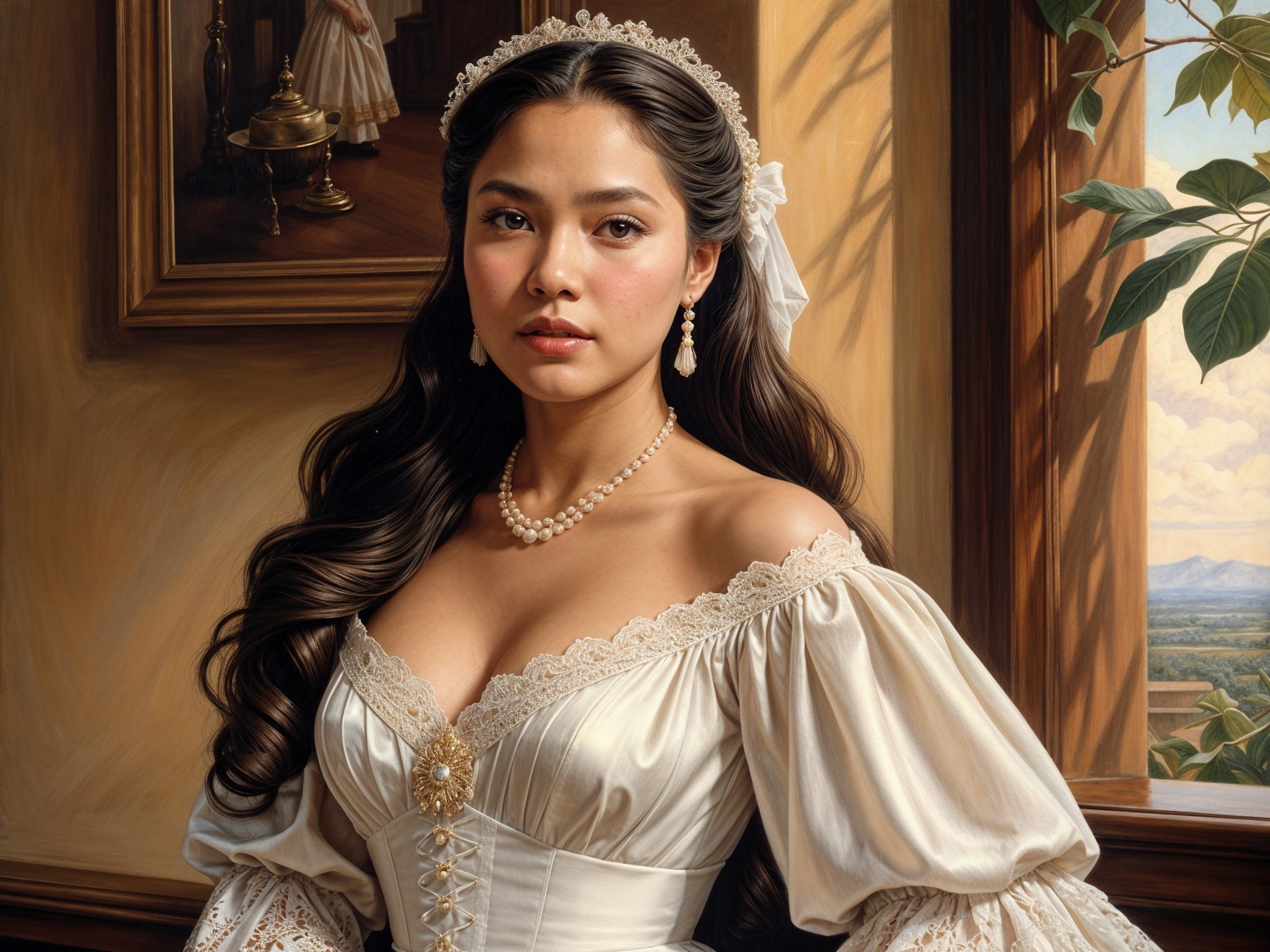 Elegant Young Woman in Off-Shoulder Gown with Lace