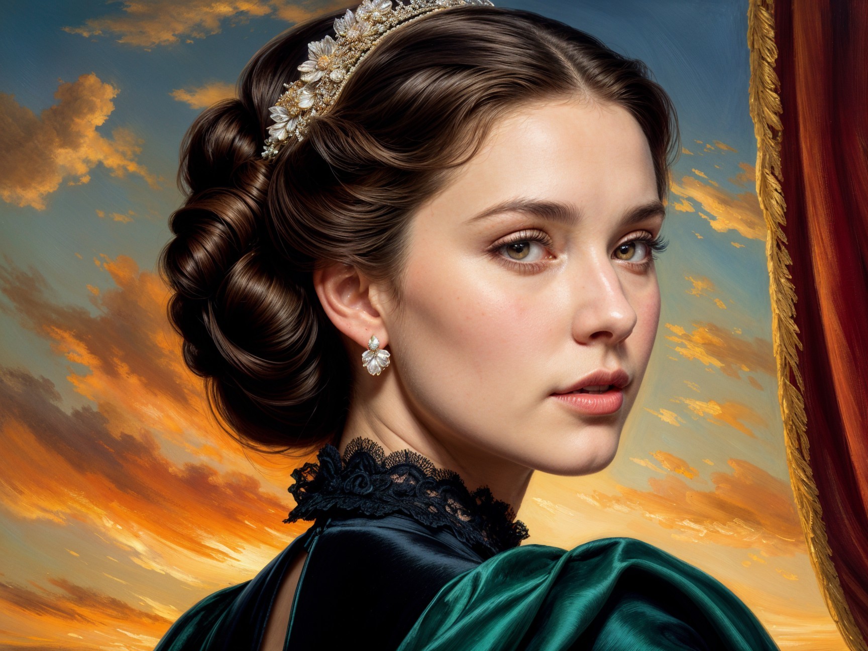 Portrait of a Young Woman in Elegant Green Gown