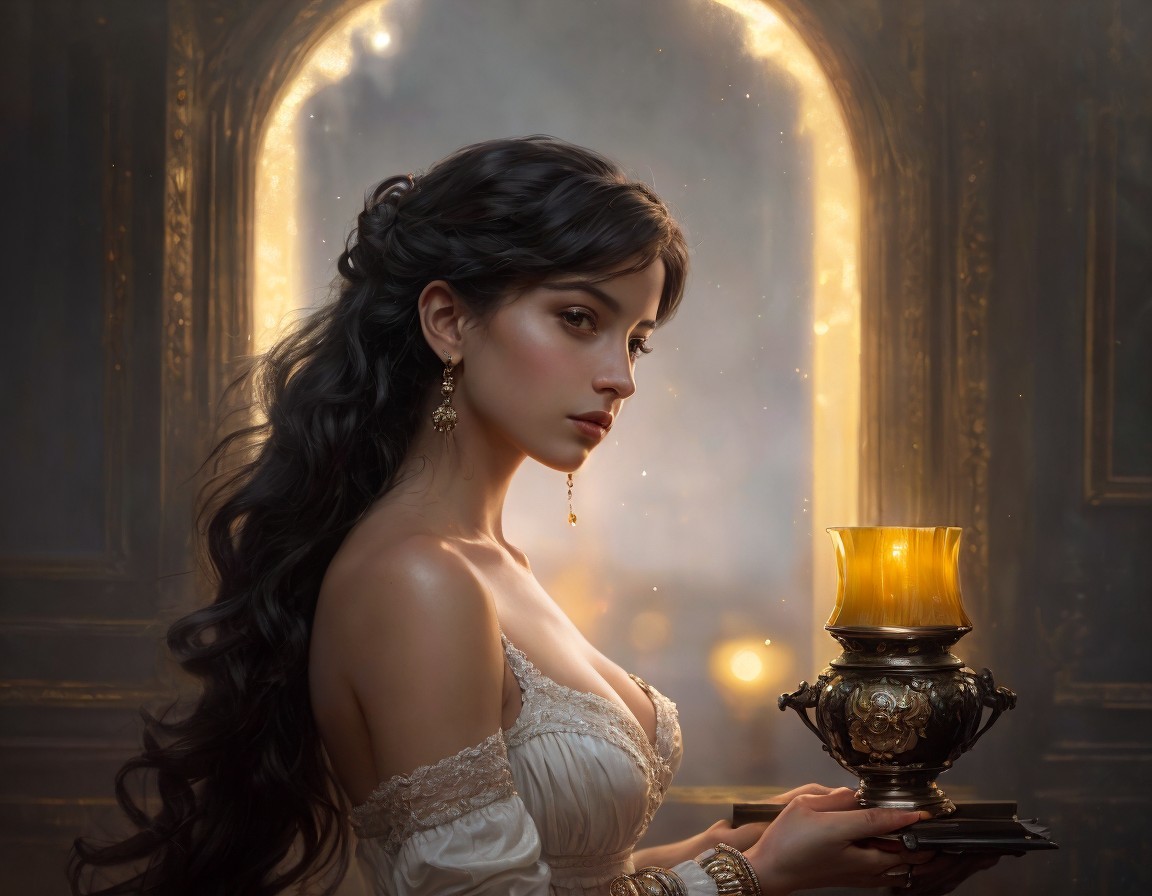 Pensive woman with dark hair holding a lit oil lamp by a glowing window