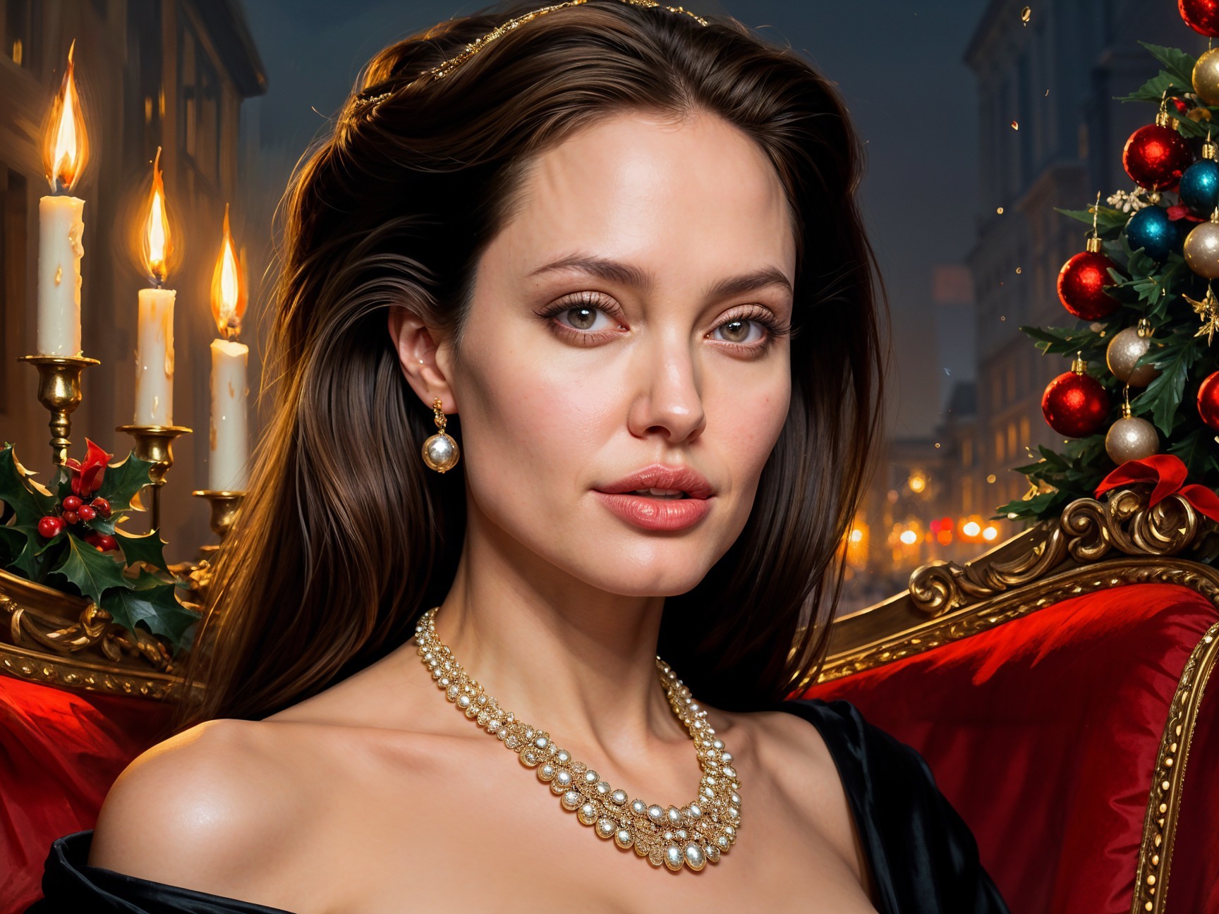 Glamorous Woman in Festive Setting with Candlelight