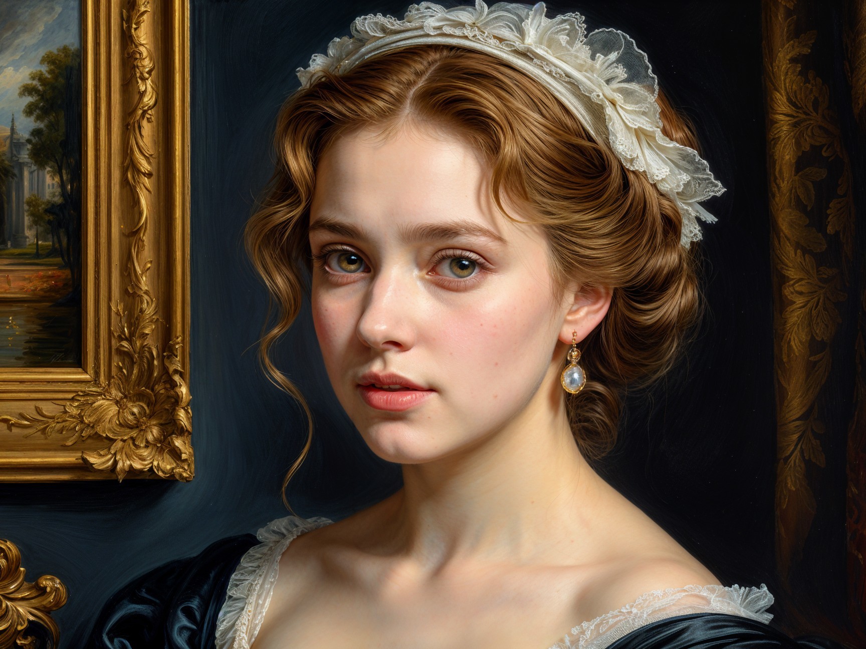 Portrait of a Young Woman in Elegant Gown and Headpiece