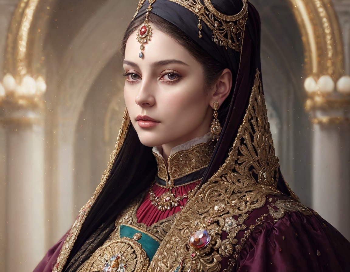 Woman in Ornate Attire with Regal Headdress and Jewelry