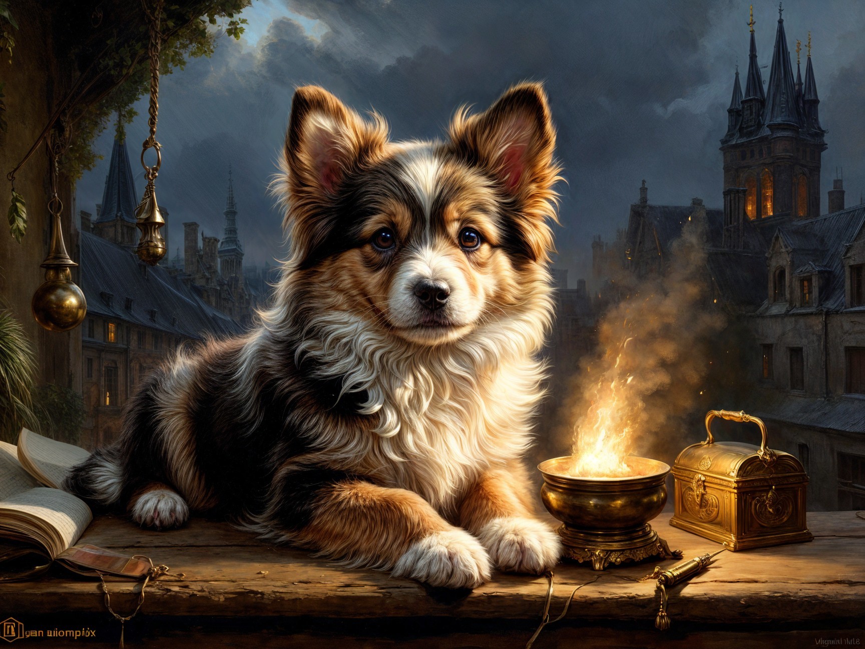 Corgi Puppy Resting in Whimsical Dimly Lit Setting