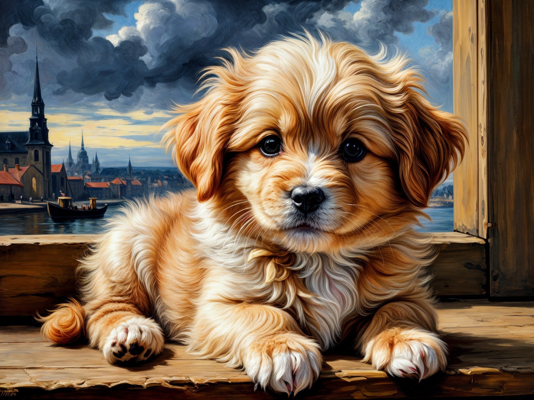 Fluffy Golden-Brown Puppy on Wooden Ledge with Landscape