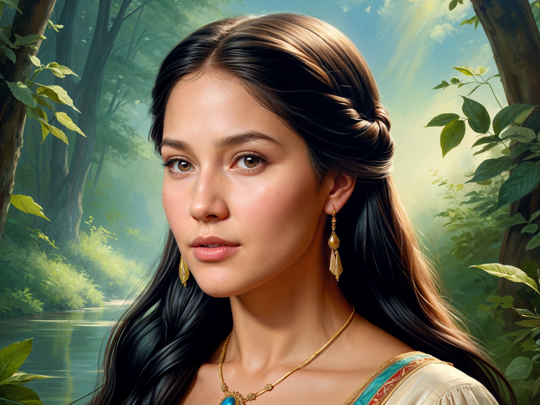 Young woman with black hair in a forest setting