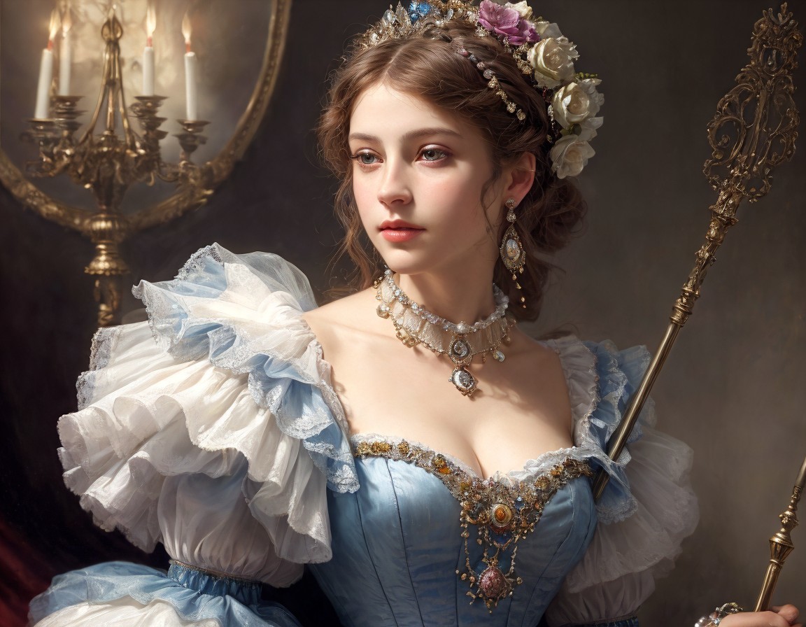 Blue period dress with lace and jewels, woman holding a scepter, vintage chandelier scene.