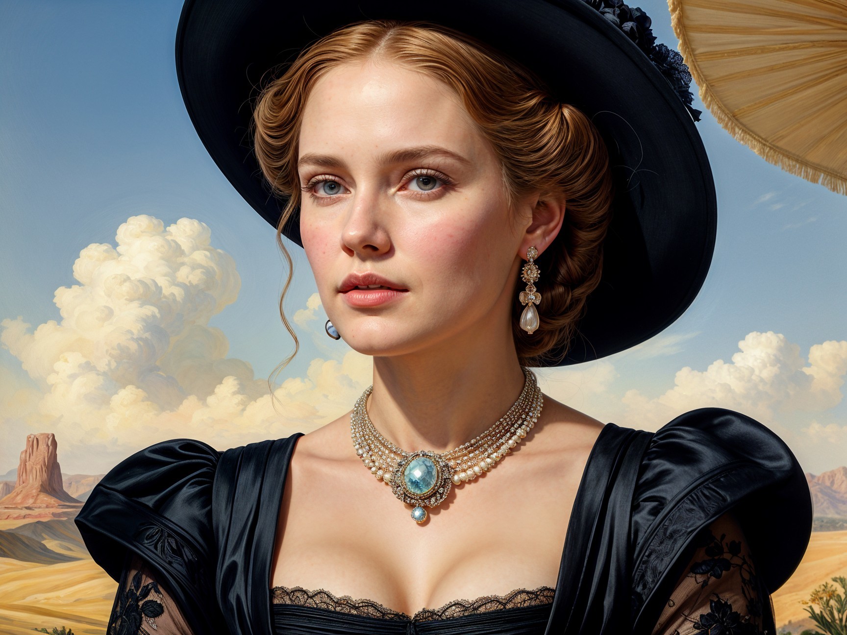 Elegant Woman in Black Gown with Floral Hat