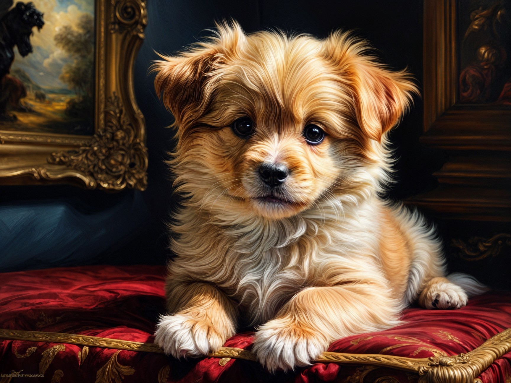 Golden-brown puppy resting on red velvet cushion