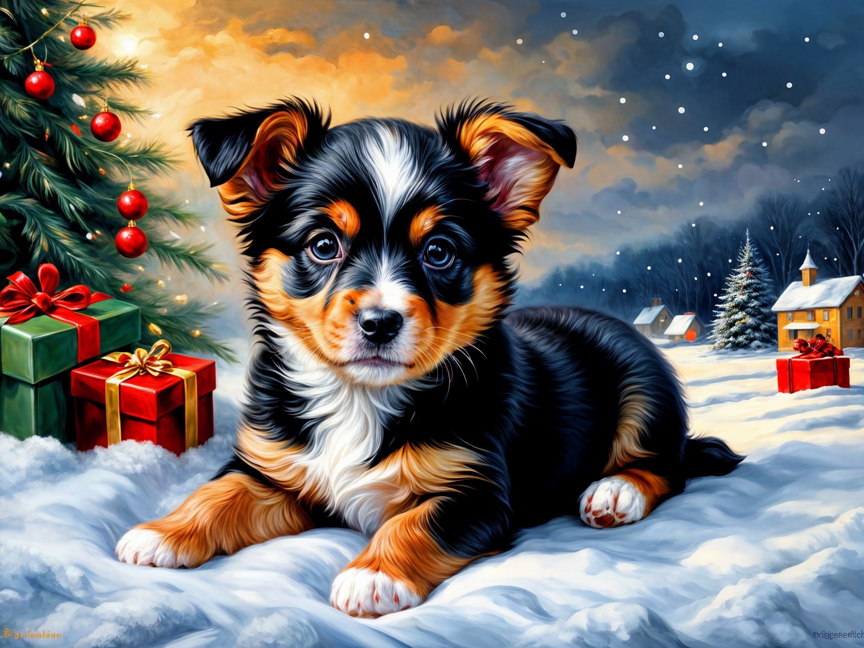 Puppy in Snowy Landscape with Christmas Tree and Gifts