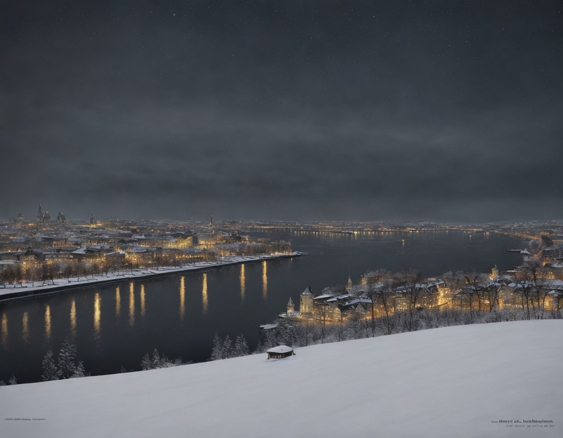 Snowy Cityscape: Night Scene with Illuminated Buildings and River Reflections