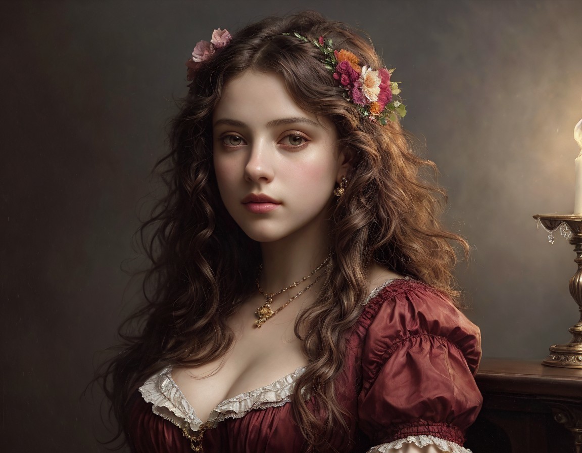 Young woman with wavy hair in floral crown, red vintage dress, and lit candleholder.