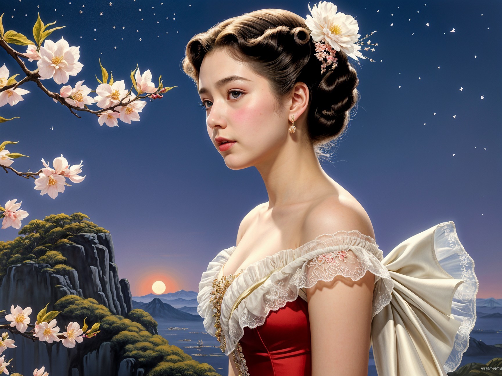 Young Woman in Red Dress Surrounded by Cherry Blossoms