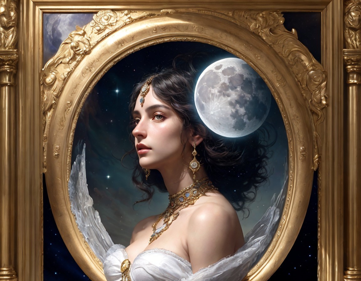 Angel wings woman in gold frame on cosmic backdrop with stars and moon, adorned with jewelry.