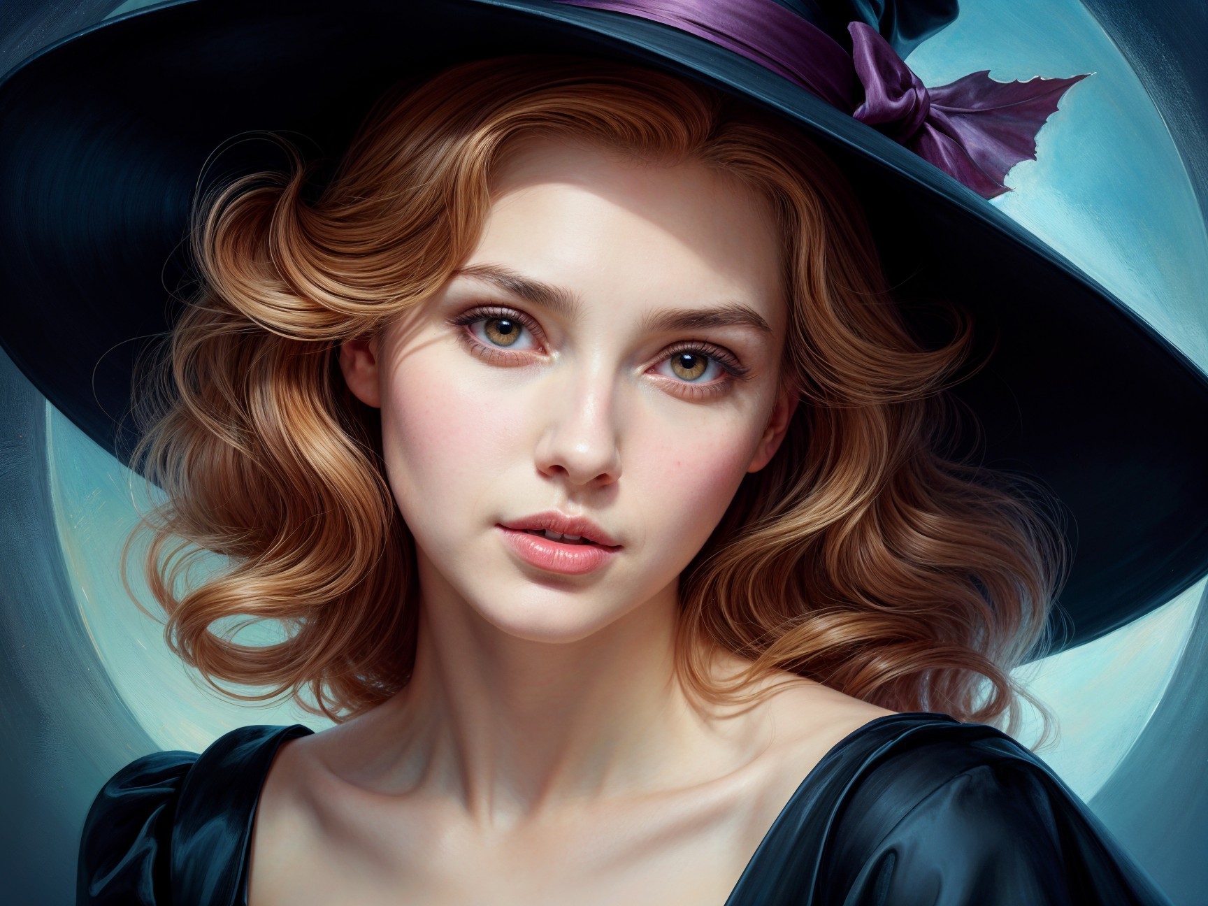 Young woman in witch's hat with moonlit backdrop