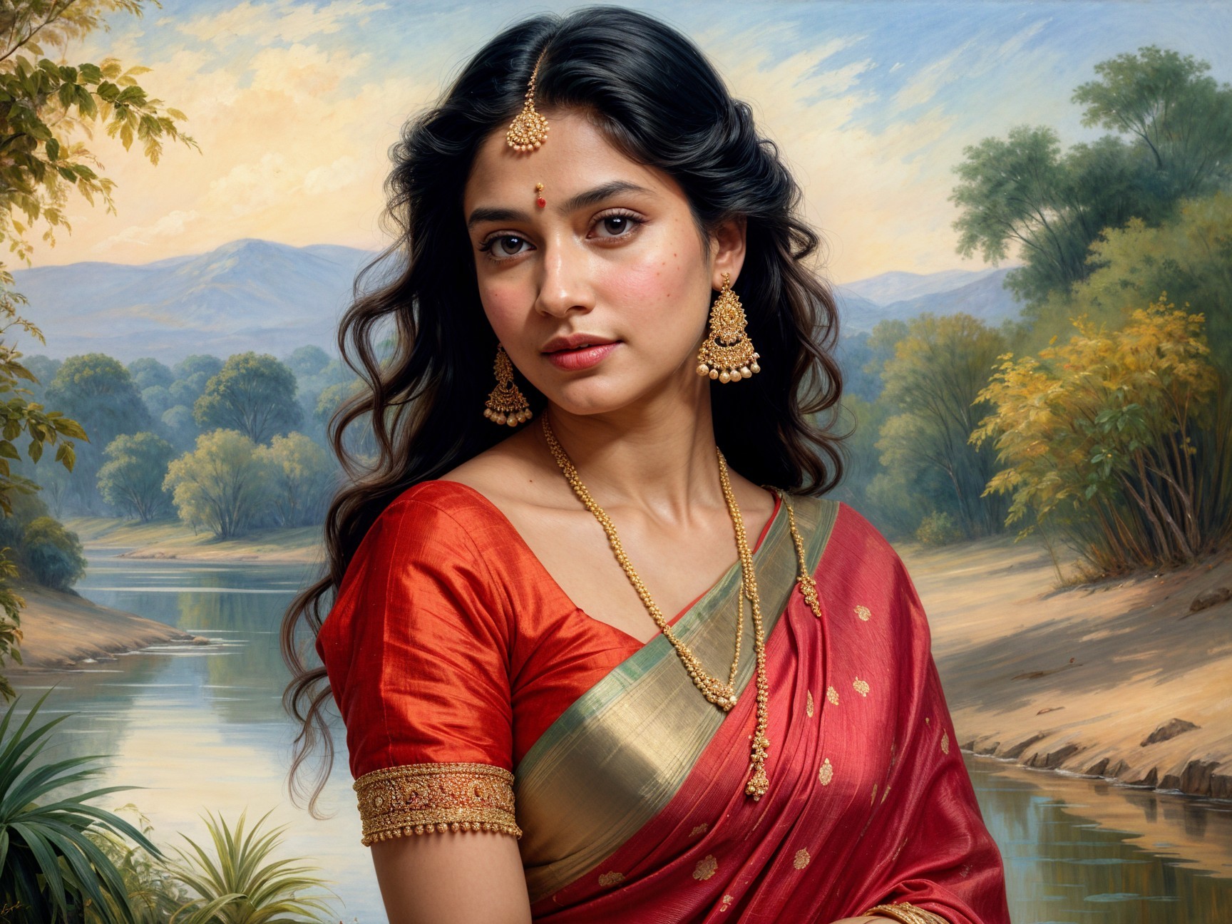 Young woman in red and gold saree by serene landscape