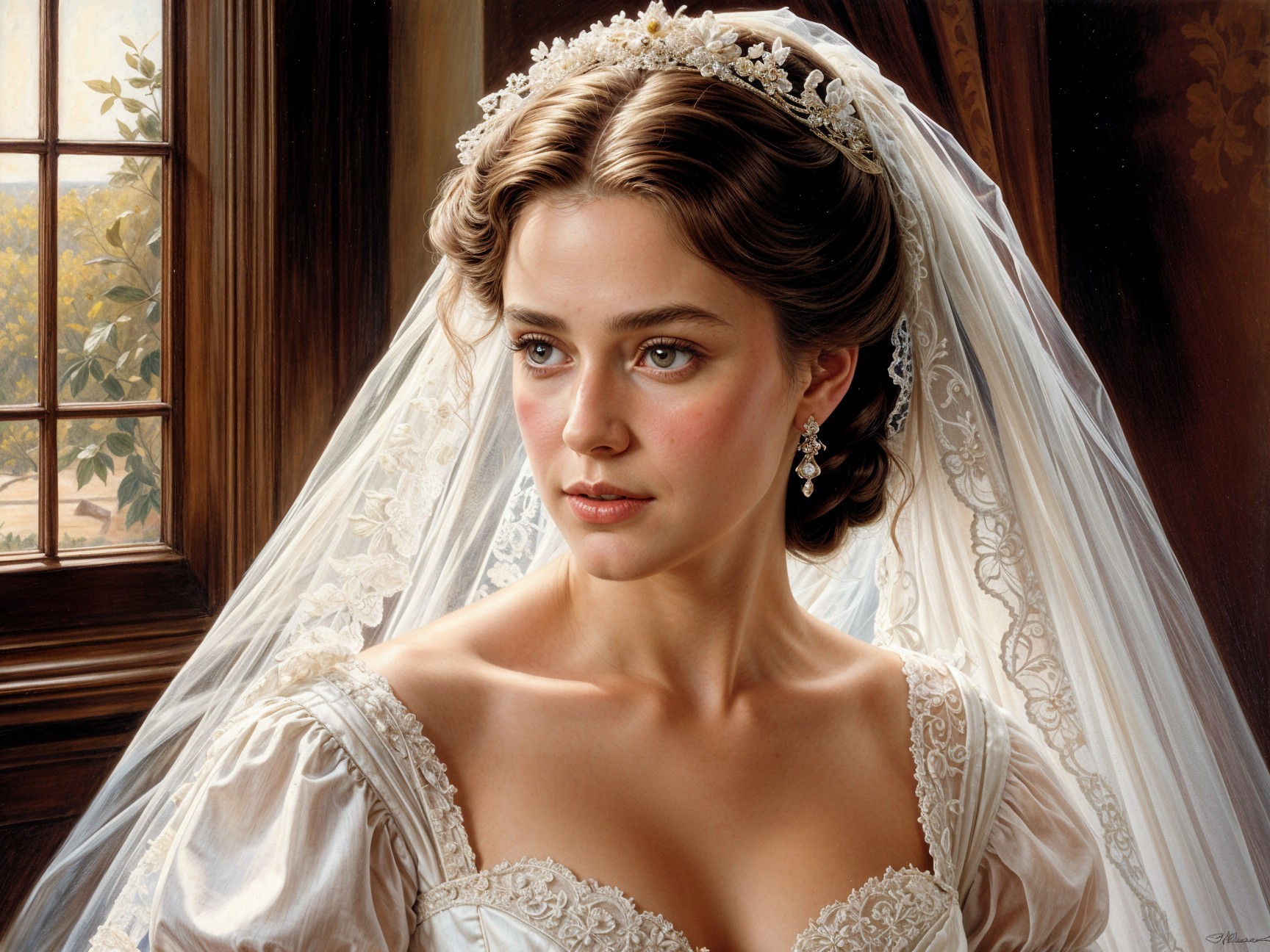 Bride in Lace Gown by Window with Natural Light