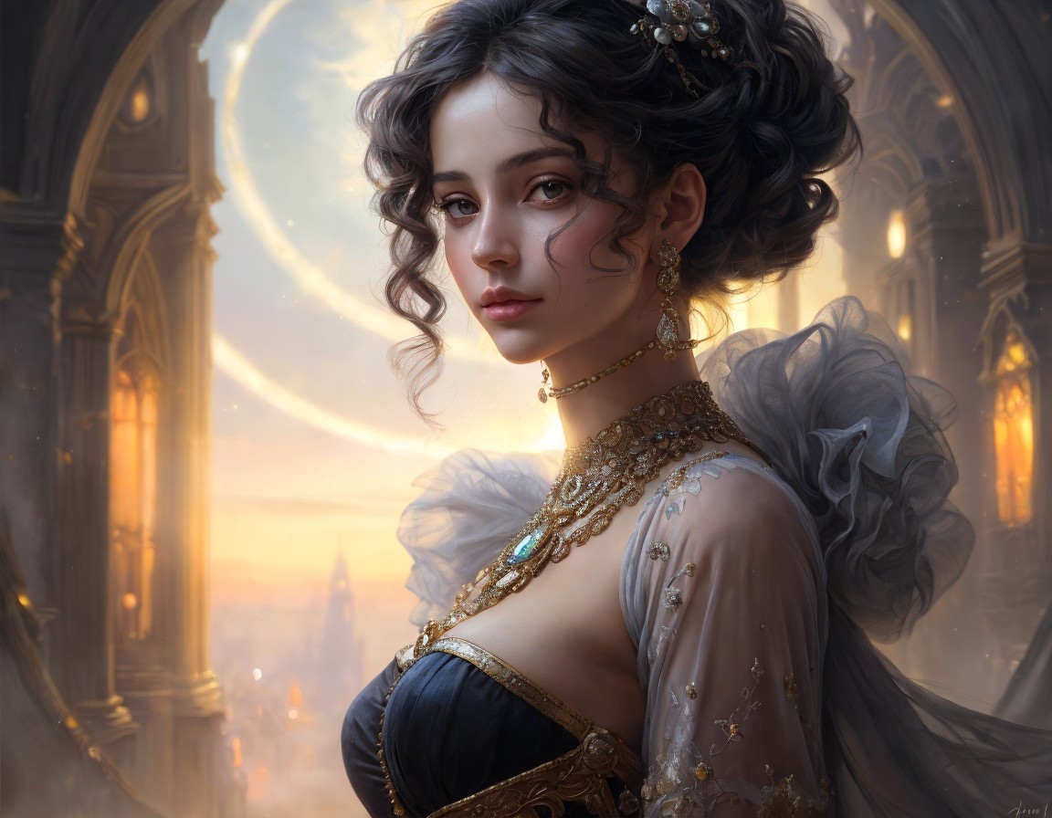 Elegant woman in fancy dress with gold jewelry