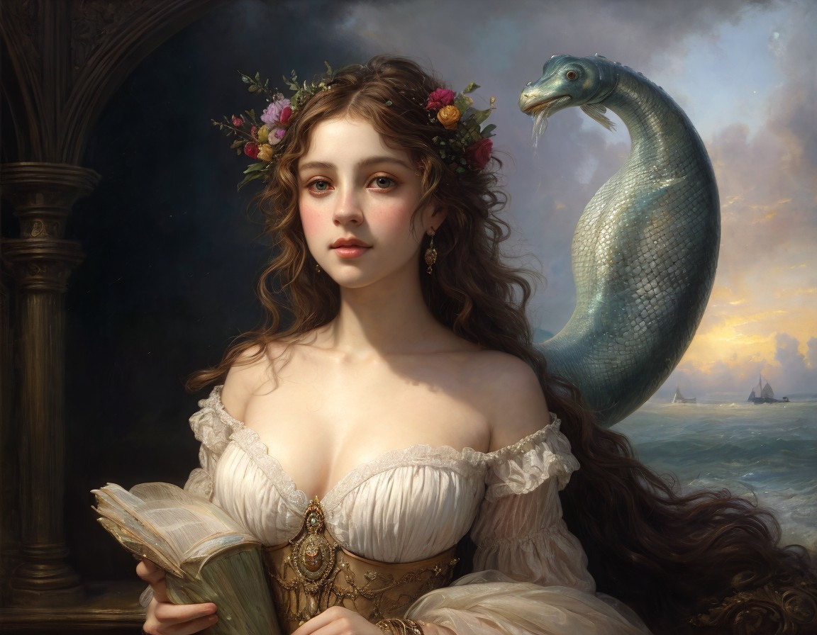 Woman in Historical Dress Reading by the Sea
